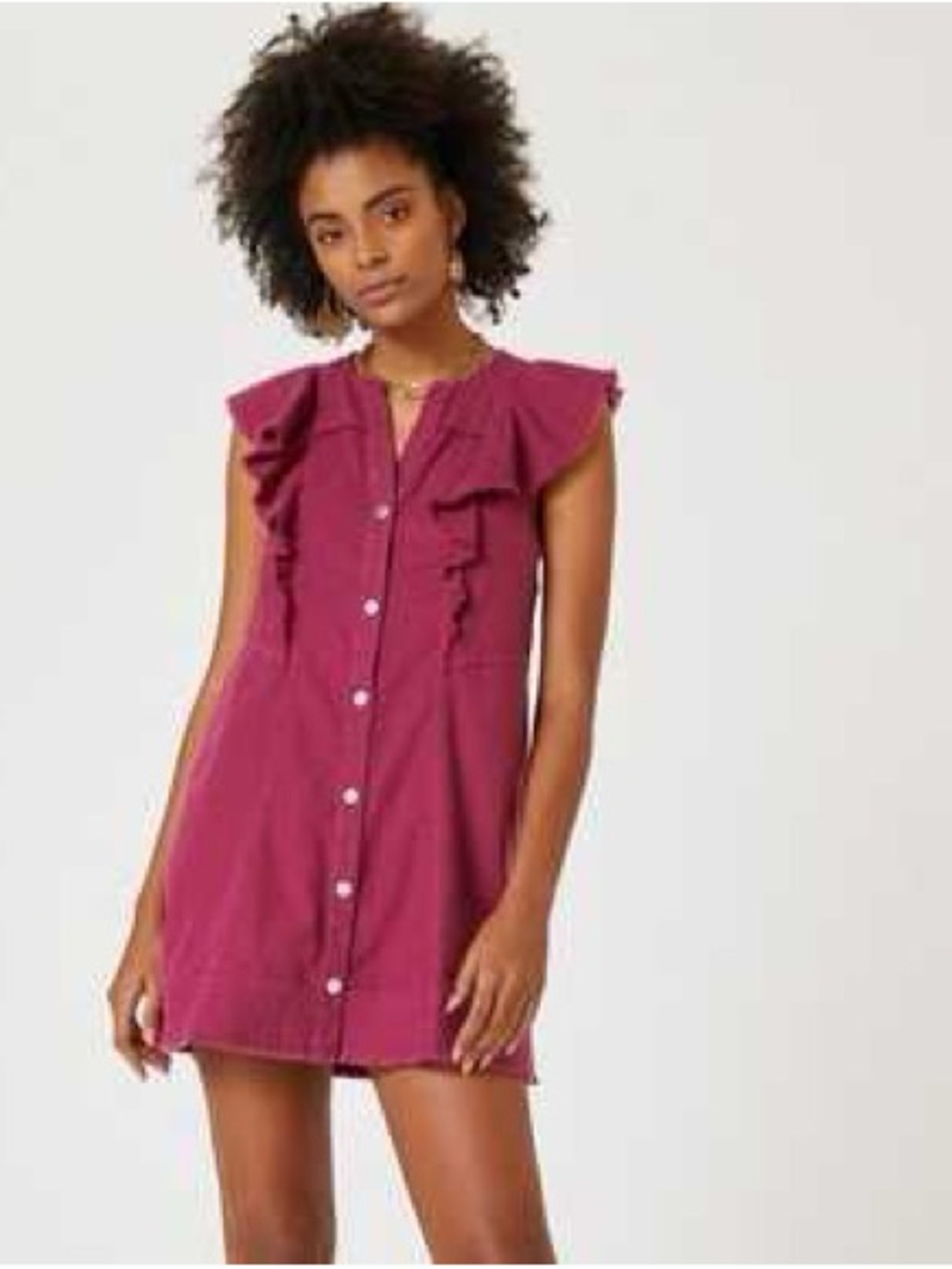 Pilcro Magenta Ruffle-Shoulder Button Mini Dress